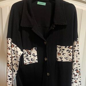 Black Ribbed Cardigan with Leopard Print Sleeves